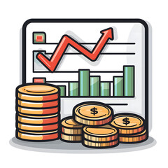 Poster - A clean minimalist showcasing various financial elements such as coin stacks a rising graph and directional arrows symbolizing the analysis and tracking of budget earnings and investment performance
