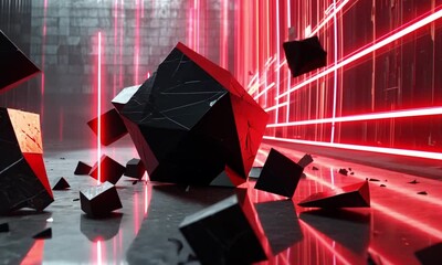 Wall Mural - dynamic video of fractured black geometric shards reassembling into a minimalist sculpture made with