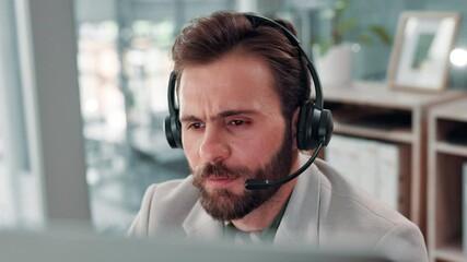 Poster - Business man, headset and happy at call center for talk at office, contact or insight with legal consultation. Person, mic and agent with conversation, voip or customer support for advice at agency