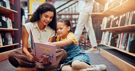 Poster - Kid, help or teacher reading book for learning, child development or talking in school. Teaching, smile or woman with girl or student in library for literature lesson, fairy tale or education support