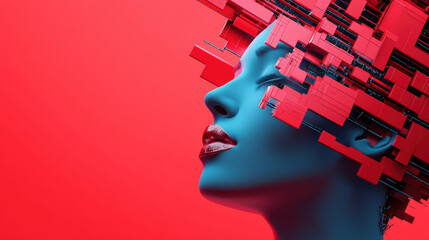 Poster - futuristic digital art piece featuring stylized human face with fragmented, geometric head design vibrant red and blue tones