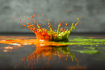 Poster - orange and green paint splash, dynamic crown-shaped impact, reflecting on dark surface, showcasing v