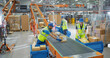 © Gorodenkoff - Team of Young Workers Organizing Parcels on a Conveyor in a Busy Warehouse, Ensuring Online Orders Reach Customer Delivery Without Delay. Employees in Safety Vests and Caps Handle Packages at Work