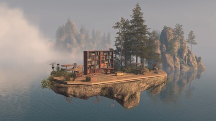 Poster - Floating classroom island in a peaceful dreamlike space
