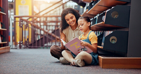 Poster - Child, story or teaching with book in library, development or learning growth in school. Teacher, tutoring or woman with girl, education or female kid for literature lesson, fairy tale or fantasy