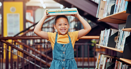 Poster - Happy, head and child with books in library excited for reading story, literature and learning. School, bookshelf and girl with stack of novels for knowledge, education and language development