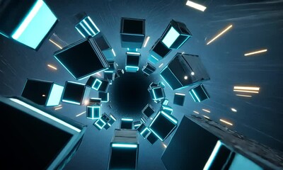 Wall Mural - deep black floating diamond-shaped polygon background with neon blue light traces made with generati