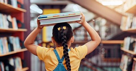 Poster - Library, head and back of child with books for reading story, literature and learning. School student, bookshelves and girl with stack of novels for knowledge, education and language development
