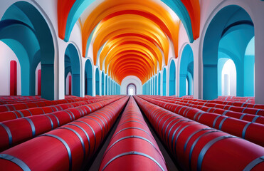 Poster - vibrant interior featuring colorful arches and rows of red barrels creates striking visual experience. combination of orange