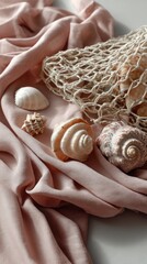 Poster - A collection of beautiful seashells rests on delicate, soft fabric, intertwined with a fishing net, creating a calming atmosphere that evokes memories of the ocean during a warm afternoon