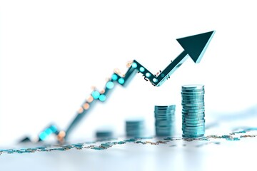 Poster - Stacks of silver coins with ascending height and upward trending arrow in turquoise color showing financial growth and investment success on light background.