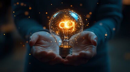 Poster - Glowing light bulb floating above cupped hands with magical sparkles and bokeh effects against dark background, symbolizing innovation and creative energy.