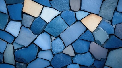 Poster - Close-up of a textured blue stone wall featuring various shades and shapes of stones