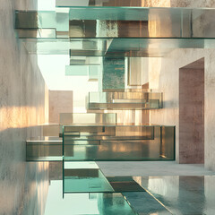 Poster - Modern Architectural Glass Design: An abstract composition of geometric glass and concrete forms, capturing the interplay of light, shadow, and transparency within a modern architectural space. 