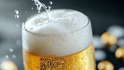 Poster - Cold beer glass with fresh foam head and splashing drops, condensation on surface against dark background, macro shot showing golden bubbles and texture.