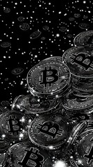 Poster - Metallic cryptocurrency coins floating in dark starry space, creating dramatic contrast with glowing particles and stacked digital currency symbols.