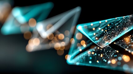 Poster - Glowing turquoise glass triangles with sparkling bokeh effects and light reflections on dark background create modern abstract composition for luxury designs.