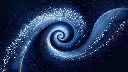 Poster - Luminous spiral formation in deep blue cosmic space, composed of glowing particles and flowing curves creating mesmerizing galactic motion effect.