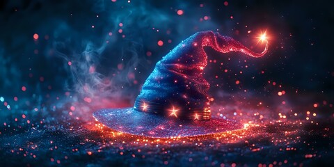 Poster - Magical glowing witch hat floating in dark space with sparkles and mystical blue and red nebula clouds, fantasy Halloween concept art panoramic background.