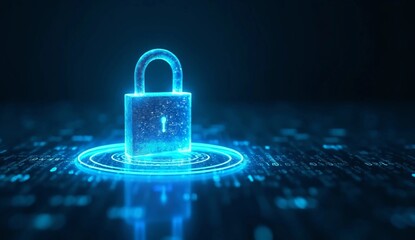Poster - Blue glowing padlock on binary code background. Cybersecurity and data privacy protection concept