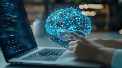 Poster - Glowing blue digital brain hologram floating above smartphone with laptop in background, representing artificial intelligence and machine learning technology.