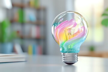 Poster - Glowing light bulb with vibrant rainbow colors inside on desk against blurred bookshelf background, representing creative inspiration and innovative ideas.
