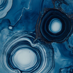 Poster - Abstract Fluid Art in Deep Blue: A captivating close-up showcases an artistic masterpiece of fluid acrylics, with mesmerizing swirls and layers of deep blue hues, each stroke blending into a seamless.