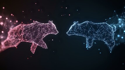 Poster - geometric low poly bear silhouettes in contrasting pink and blue neon colors with glowing particles 