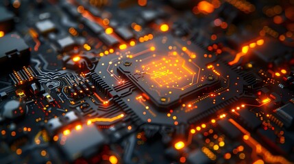 Poster - Glowing orange microchip on dark circuit board with bokeh light effects, modern technology concept showing electronic components and processor core.