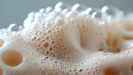 Poster - Macro shot of white soap foam bubbles creating abstract texture pattern with soft depth of field and warm undertones, suitable for hygiene and cleanliness concepts.