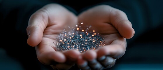 Poster - Magical glowing sparkles and stardust floating in cupped hands against dark background, creating mystical atmosphere for spiritual and wellness concepts.