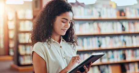 Aufkleber - Education, college and woman with tablet in library for knowledge, reading and studying. Technology, bookstore and happy student research in university with pen for assignment or learning online