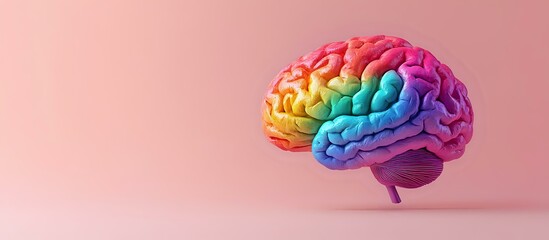 Poster - Rainbow colored anatomical brain model on pink background showing creative thinking and neurodiversity concept for mental health awareness.