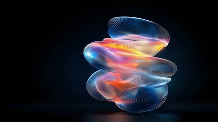 Poster - Luminous abstract spiral shape with translucent layers in blue, orange and pink colors glowing against dark background, creating ethereal flowing light effect.