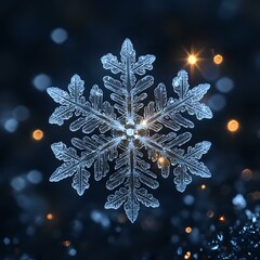 Poster - Macro photograph of natural snowflake crystal with intricate symmetrical pattern against dark background with golden bokeh lights creating magical winter atmosphere.