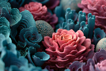 Poster - Close-up of teal and pink textured floral forms, creating a lush and abstract scene, showcasing intricate detail and organic shapes, ideal for design or artistic concepts