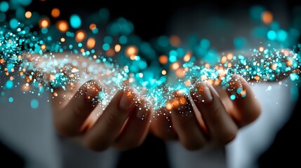 Poster - Female hands holding magical sparkling light particles in turquoise and orange colors against dark background, creating mystical atmosphere for spiritual concepts.