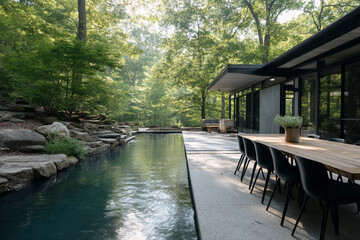 Aufkleber - Modern house featuring an infinity pool, surrounded by lush greenery and natural stonework. An outdoor dining area with a long wooden table and chairs enhances the tranquil setting, ideal for relaxati