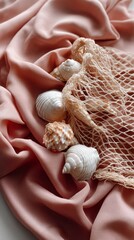 Poster - Delicate seashells lie scattered on pale pink fabric, creating a serene arrangement that captures the essence of coastal adventures and nature’s treasures from the sea