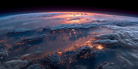 Poster - Aerial view of Earth at sunset, showcasing city lights through cloud cover, representing global connectivity and human presence on a planetary scale