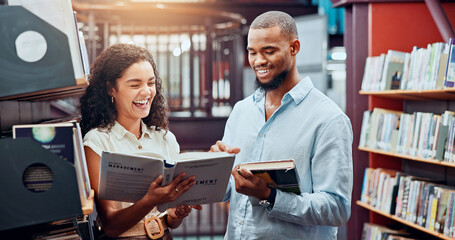 Poster - Reading, library and man and woman with books for information, research and knowledge. University, college friends and students with textbooks for literature, learning and education for study group
