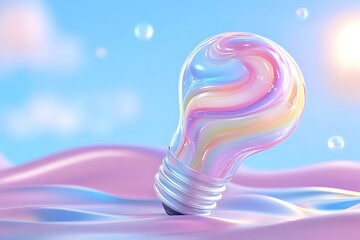 Poster - Glowing light bulb filled with swirling pastel colors against dreamy pink and blue background with floating bubbles creates magical atmosphere.
