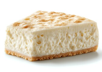 Poster - Creamy vanilla cheesecake slice with golden graham cracker crust on white background, showing rich texture and delicate air bubbles in smooth filling.