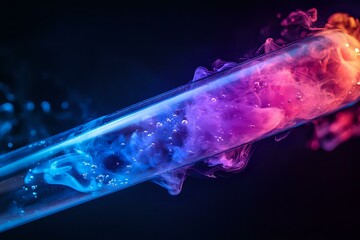 Poster - Vibrant blue and pink smoke trails with glowing light beams create dynamic motion effect against dark background, suitable for technology and abstract design projects.