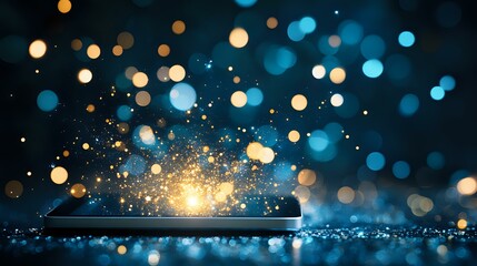 Poster - glowing smartphone screen with magical light sparkles and bokeh effects against dark background, cre