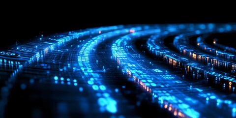 Poster - Glowing blue curved lines of digital data visualization against dark background create futuristic technology concept for business and innovation designs.