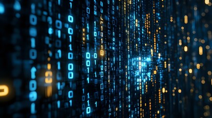 Poster - Digital binary code matrix in blue and gold colors with streaming data effect, glowing numbers on dark background for technology and programming concepts.