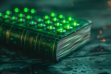 Poster - Vintage book with green bokeh lights creating magical atmosphere on dark background. Mysterious literary concept for fantasy and imagination stories.