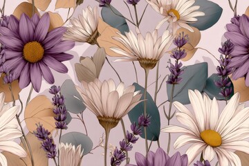 Poster - Purple daisies and lavender flowers creating a seamless floral pattern