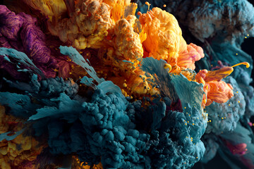 Fototapete - Abstract image of teal, orange, and purple paint swirling in water, creating a dynamic and textured effect, showcasing vibrant color mixing and fluidity